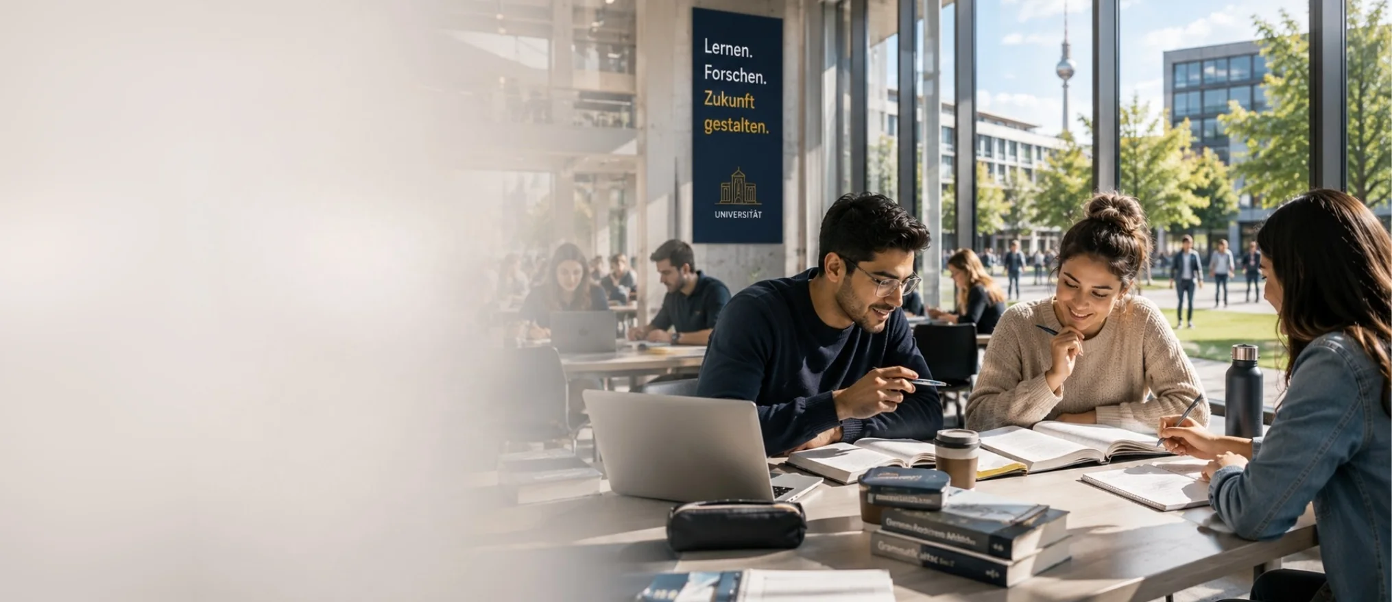 Drei Studierende lernen gemeinsam an einem Tisch in einer Universitätsbibliothek