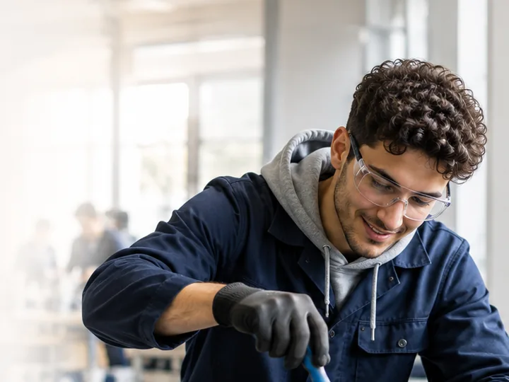 Auszubildender arbeitet konzentriert an einem Werkst&uuml;ck