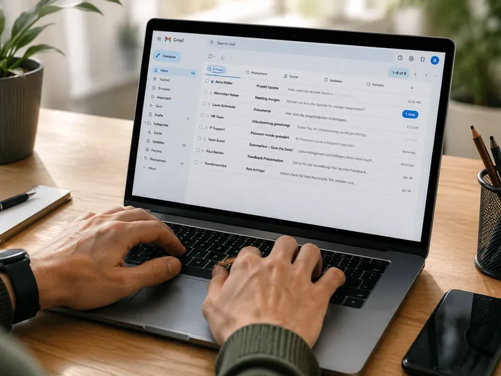 H&auml;nde tippen am Laptop, auf dem ein E-Mail-Postfach offen ist