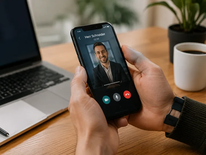 H&auml;nde halten ein Handy w&auml;hrend eines Videotelefonats